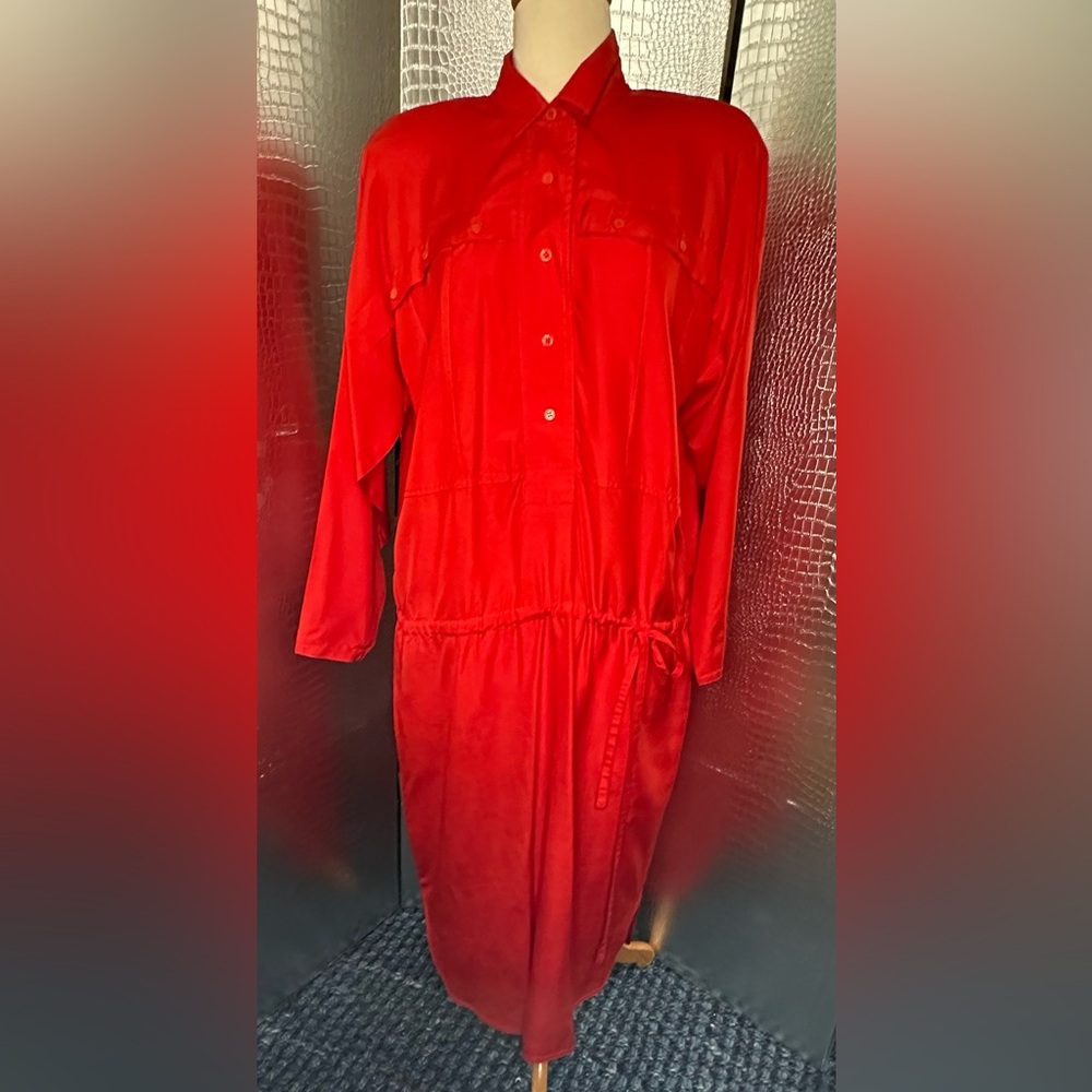 Red Size 14 Silk Dress W/ Pocket & Drawstring Waist